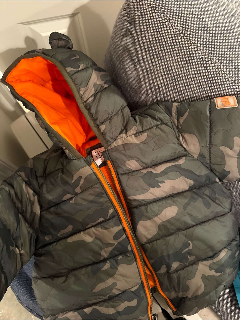 GAP Kids Camo Puffer Jacket in Olive Green with Bright Orange Lining